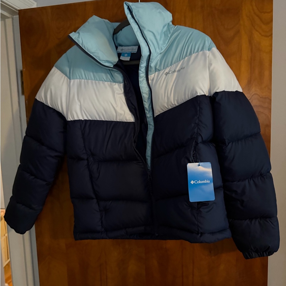 Columbia Women's Puffect color block  Navy and Light Blue Puffer Coat Jacket